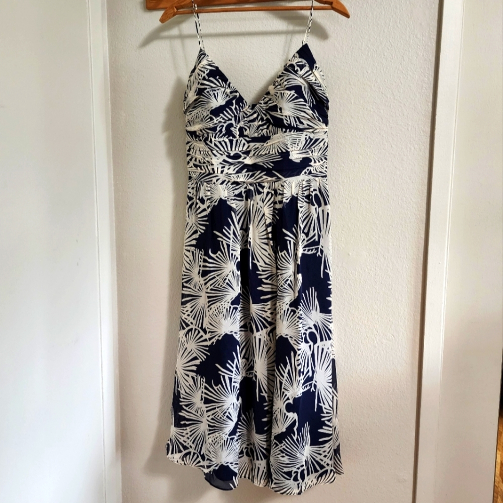 BCBG Paris Navy & White Silk Midi Dress - Sz 8